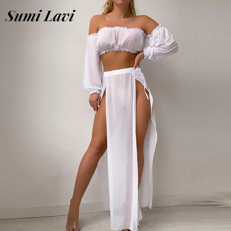 

Новинка 2023, однотонная накидка на бикини, летний топ с открытыми плечами и длинным рукавом и накидка, комплект из 2 предметов, женский пляжный комплект с защитой от солнца