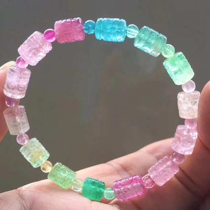 

Natural Colorful Tourmaline Clear Cube Beads Bracelet 7/9.5mm Women Men Brazil Candy Rainbow Red Tourmaline AAAAAAA