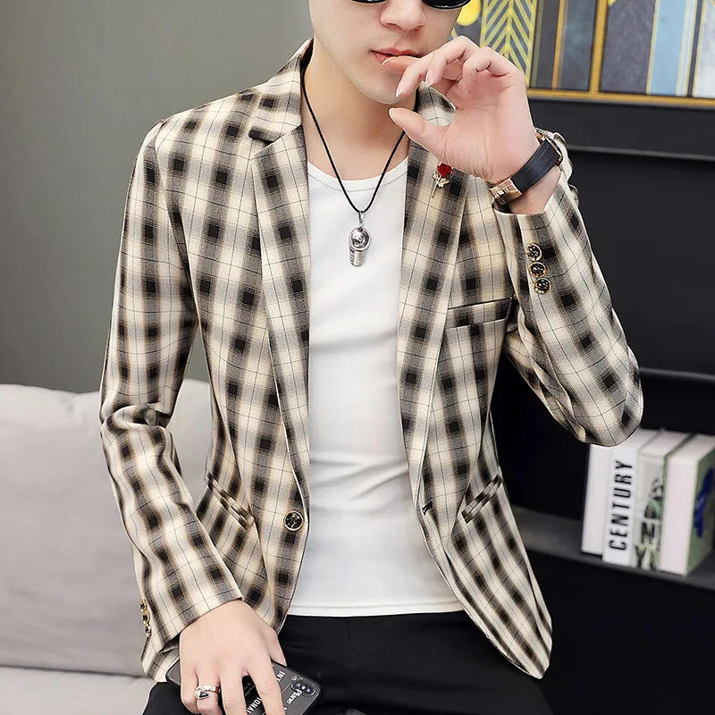 

Autumn 2022 Men's Casual Plaid Printed Suit jackets Youth Slim Handsome blazer