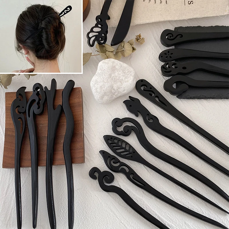 Traditional Wooden Black Hair Sticks Chinese Style Hairpins Carved Wood Hair Fork Vintage Chop Stick Headwear For Women Jewelry