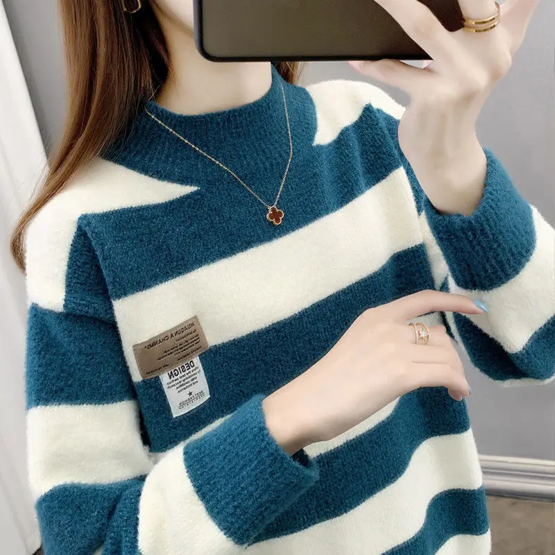 

Basic Striped Sweater Women Mock Neck Top 2022 Autumn Winter Pullover Bottoming Knitted Shirts Faux Mink Cashmere Warm Jumper