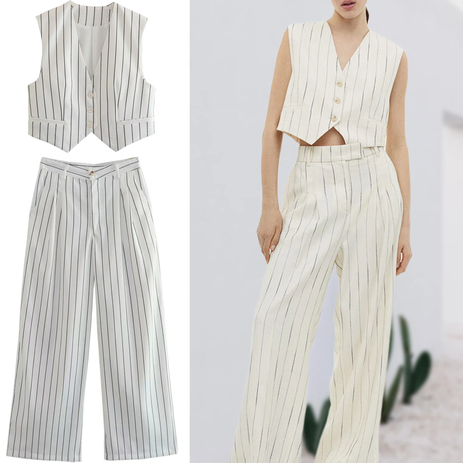 

Office Ladies Linen Stripe Blazer Suits Women Elegant Vest Blazer Wide Leg Pants 2 Pieces Sets Female Fashion Oversized Outftis