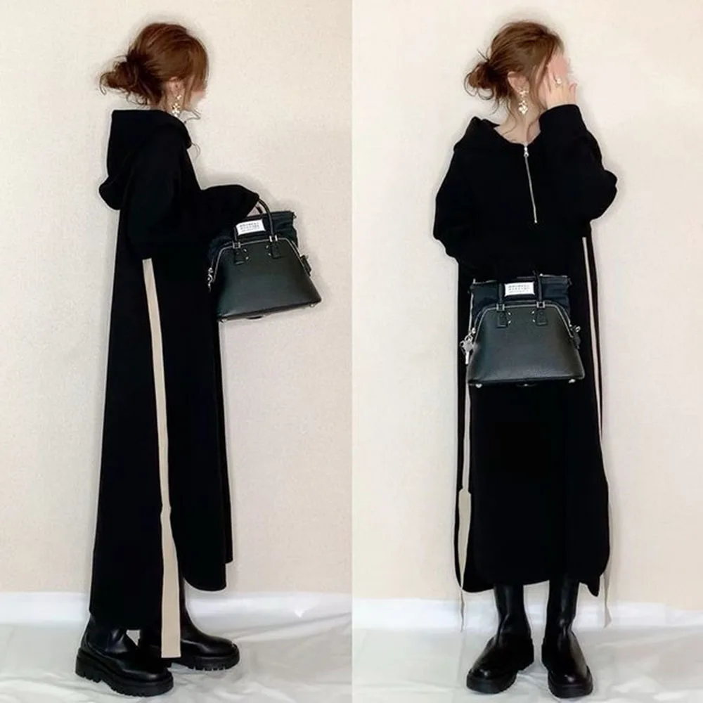 

Maxi Dresses Women 2022 Spring Autumn Long Sleeves Hood Zipper Fashion Office Lady Female Casual Asymmetrical Dress Long