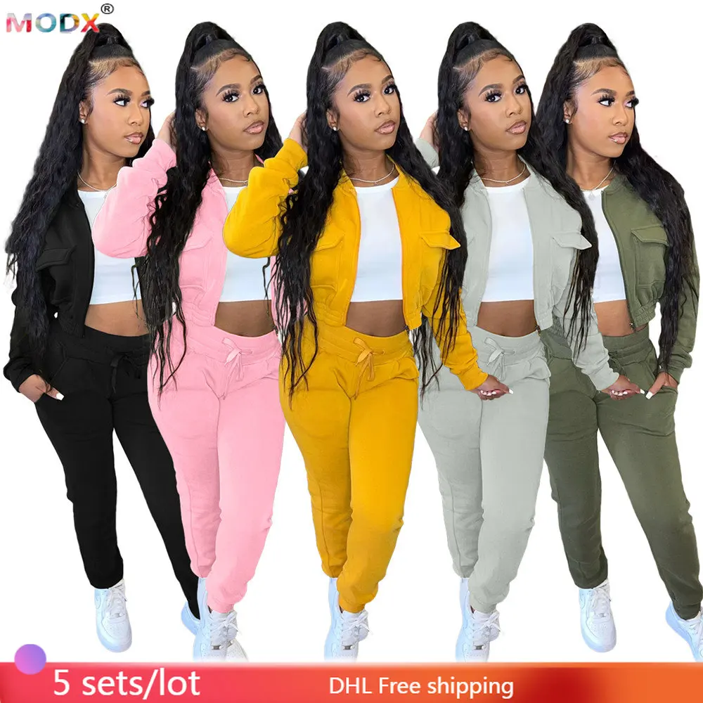 

5 Wholesale Women Tracksuits Casual Solid Two Piece Set Lady Outfit Sportswear Pants Suit Pocket Baseball Jacket Sweatpants 8719