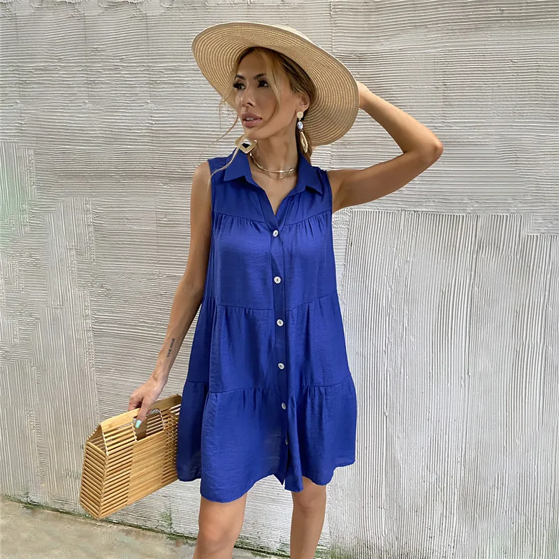 

Summer Dress Women Solid Turn-down Collar Sleeveless Office Lady Shirt Dress Loose Streetwear Casual Vestidos A-Line Spring Robe
