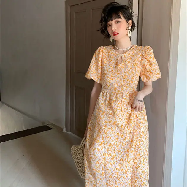 

High Spring Summer Flower Fashion Vintage Retro Clothing Casual Dresse Dress Unif Print Lantern Sleeve Korean Style Dresses