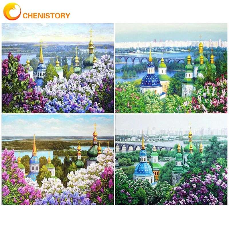 

CHENISTORY Flower Scenery DIY Oil Painting By Numbers Kit Acrylic Paint By Number Art HandWorks Castle Paintings On Canvas Decor