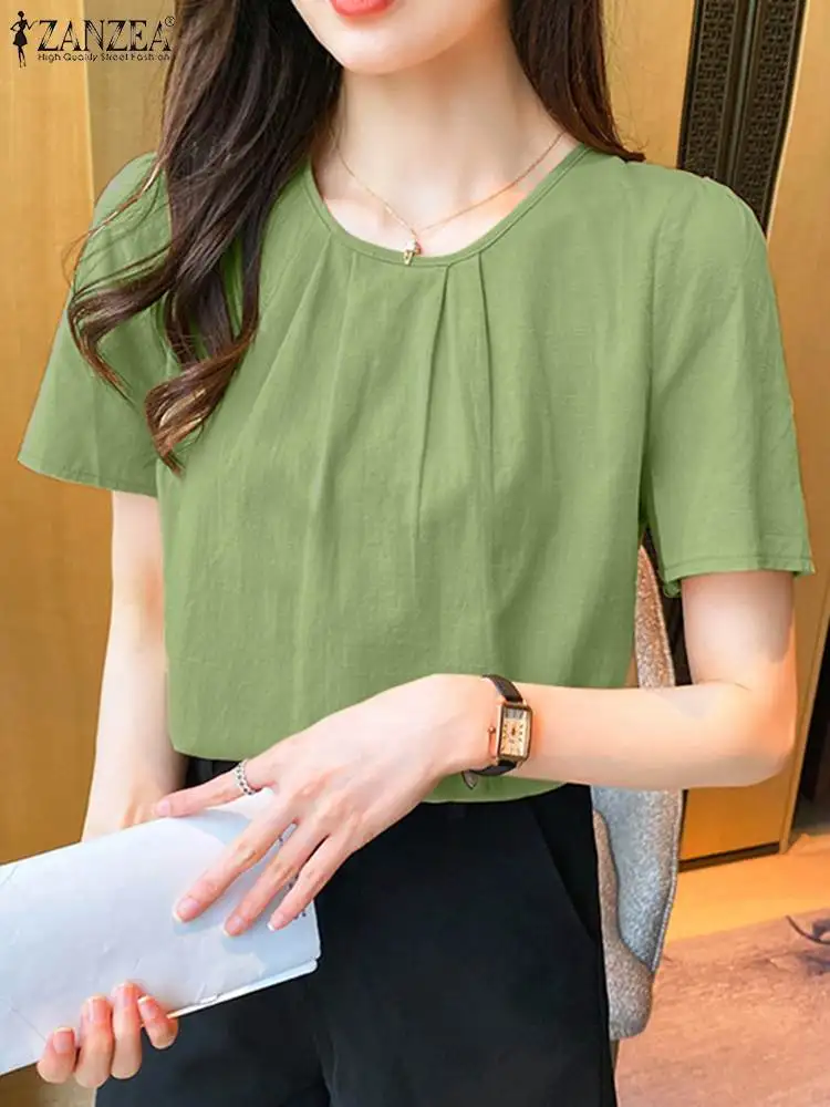 

ZANZEA Fashion Lace-up Blouse Short Sleeve O-Neck Cotton Tunic Tops Summer Casual Party Shirt Woman Elegant Solid Color Chemise