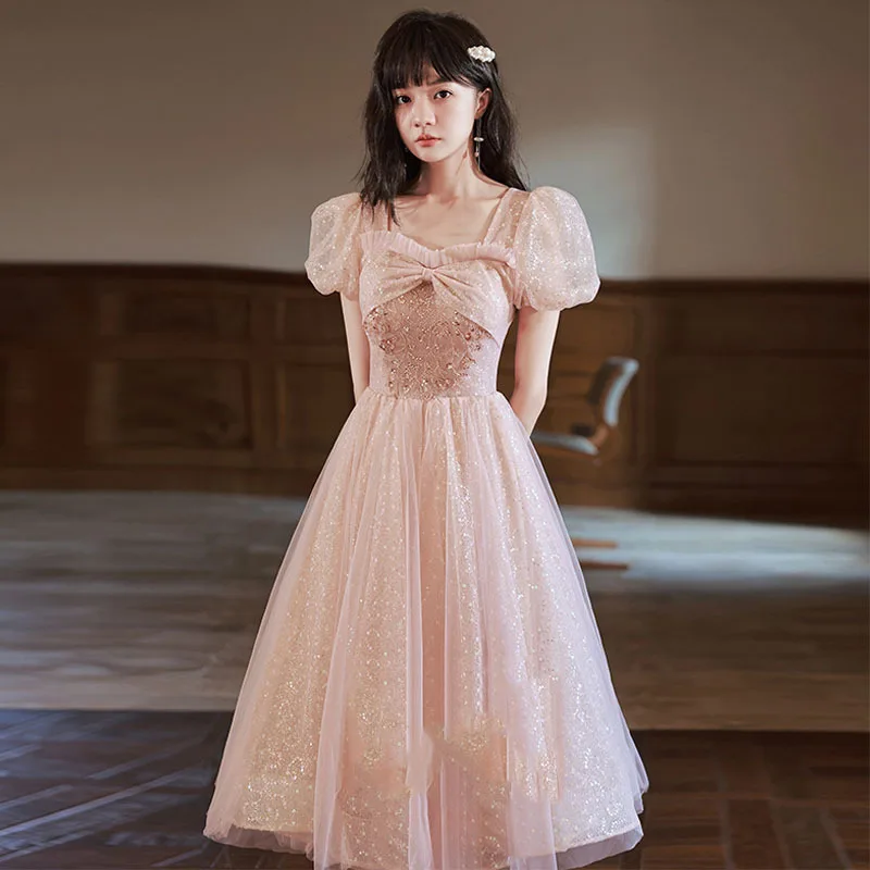 

Bling Pink Prom Dress Elegant Square Collar Princess Bubble Sleeves Slim Tulle Classic A-Line Long Birthday Party Vestidos