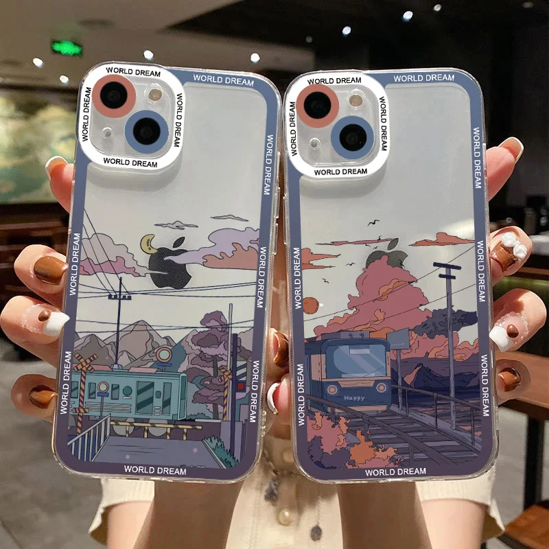 

Cartoon Anime Scene Hand Drawn Phone Case For IPhone X XS XR 11 14 12 13 Pro Max 8 7 Plus Transparent Lens Protection Cover