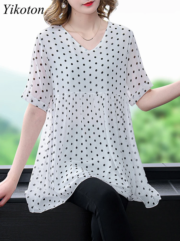 Женская шифоновая блузка в горошек Повседневная Свободная рубашка с коротким