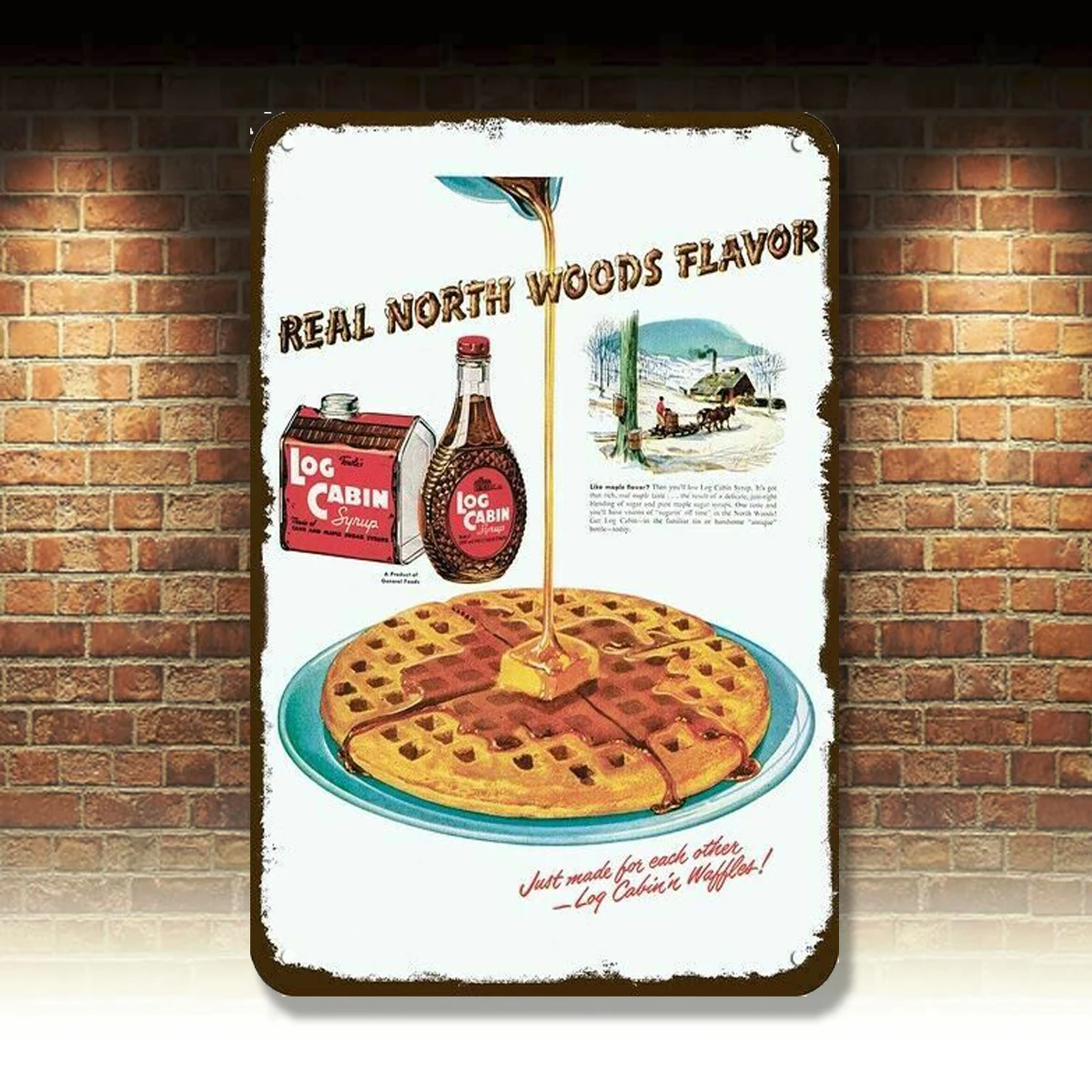 

1950 LOG CABIN MAPLE SYRUP & WAFFLES Vintage-Look DECORATIVE REPLICA METAL SIGN