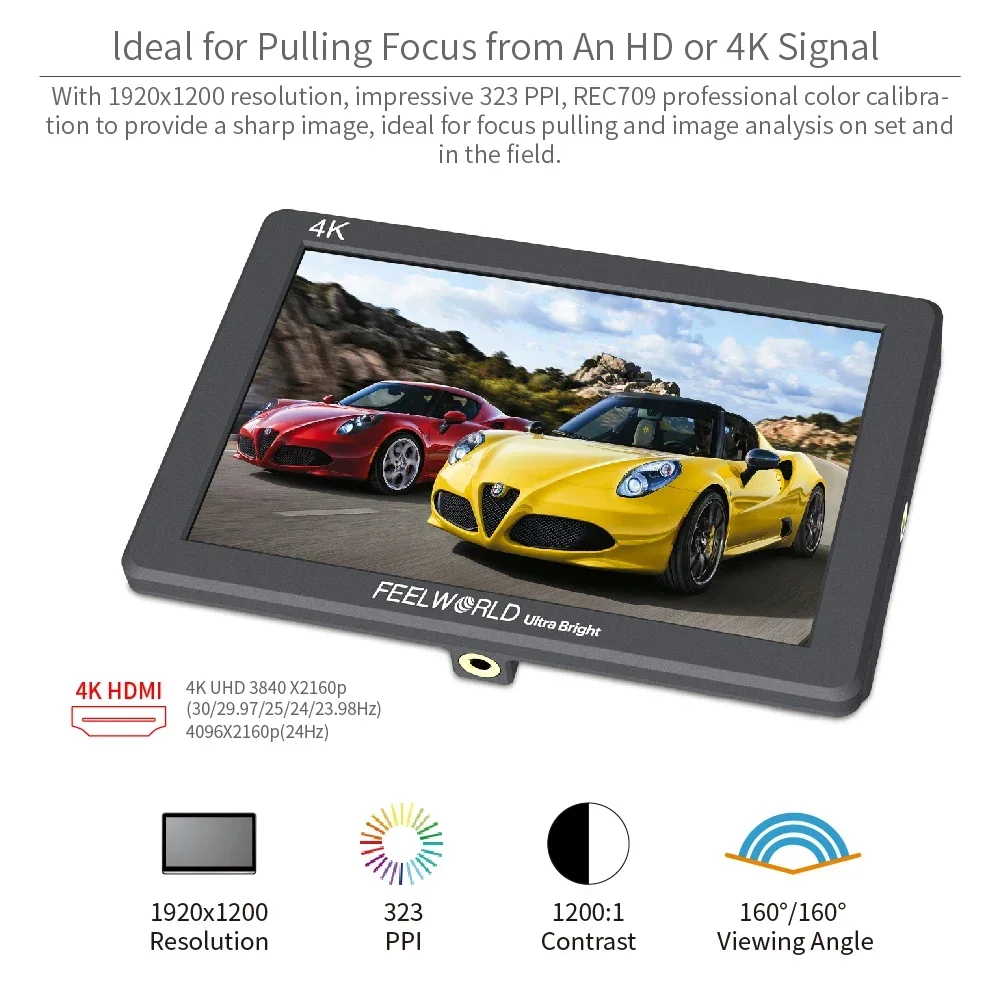 Фото FEELWORLD L7 7-дюймовый 4K HDMI 2200nit алюминиевый корпус монитора ввода/вывода 1920x1200 3D LUT сенсорный экран двойной F970 для DSLR №4