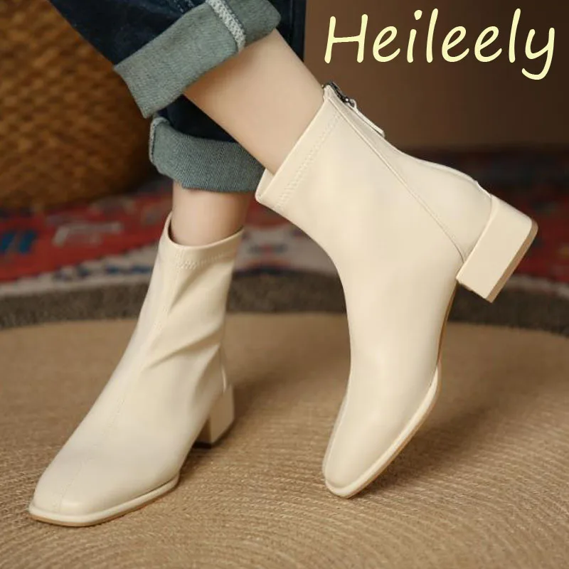 

3cm New Fashion Square Toe Low Heels Pumps Mid-calf with Zipper Women Boots 38 39