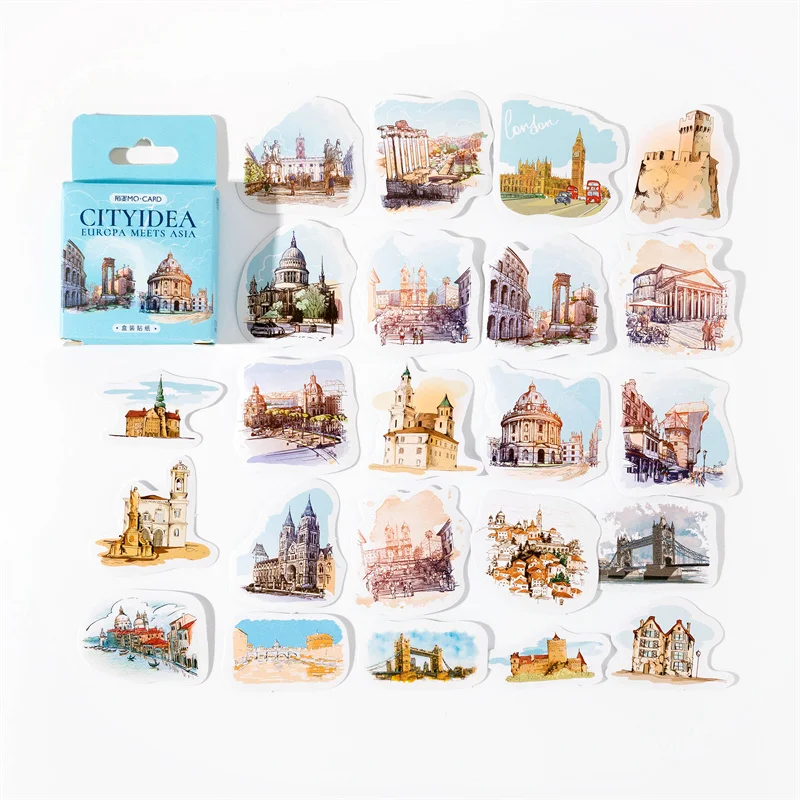 

46Pcs Mini Box Seal Stickers System Collage City Impressions School Salt Decorative Landscape Architecture Scrapbook 4CM