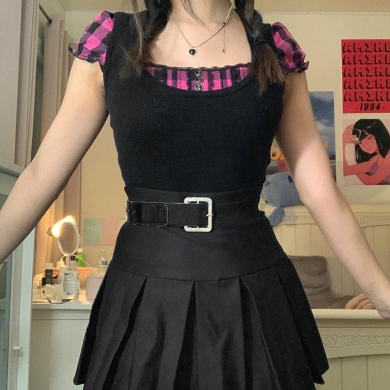 

Y2K Solid Color Retro Vintage Tops Black Summer Short Sleeve Cotton Shirt Pin Up Short Women's Blouses