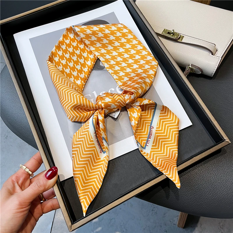 

Модный клетчатый Шелковый Длинный Облегающий шарф, женские ленты для волос, Саржевые ленты, галстуки, Женские аксессуары с принтом, весна, Н...