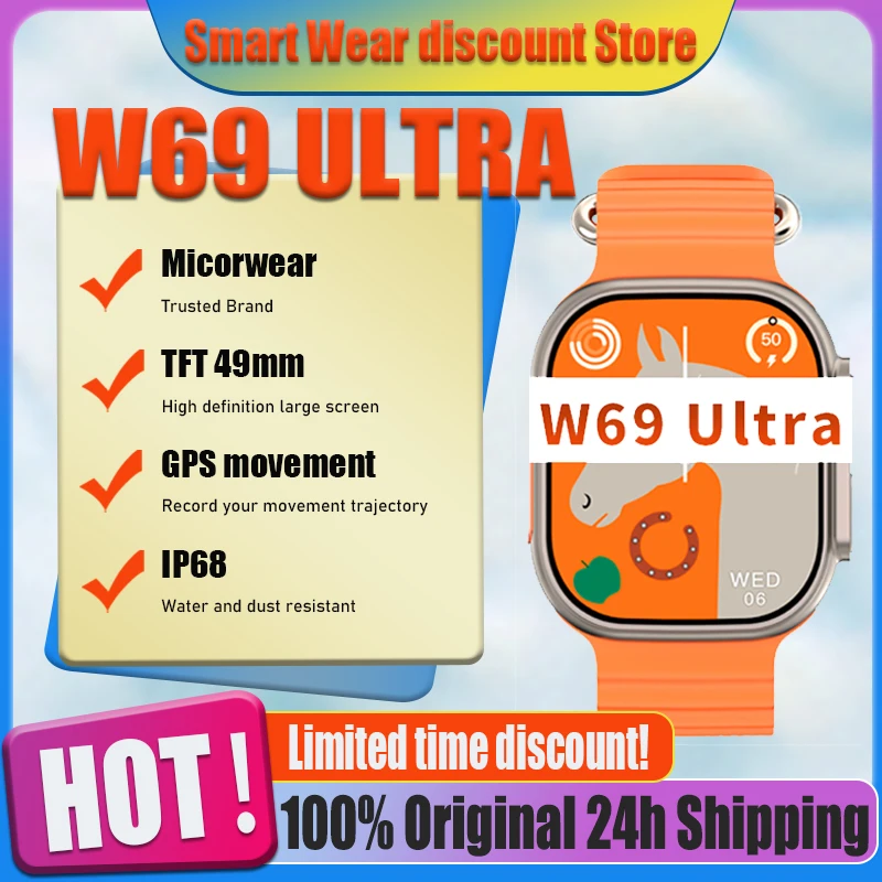 

Умные часы W69 ULTRA Microwear, оптовая продажа, 2 Гб ПЗУ, Bluetooth, вызовы, серия 9, 2,2 дюйма, IP68, 49 мм, NFC, GPS трек, мужские и женские умные часы для спорта