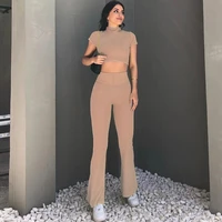 women suits solid turtleneck short sleeves crop top flare pants 2 pieces matching sets sexy slim summer outfit streetwear sports
