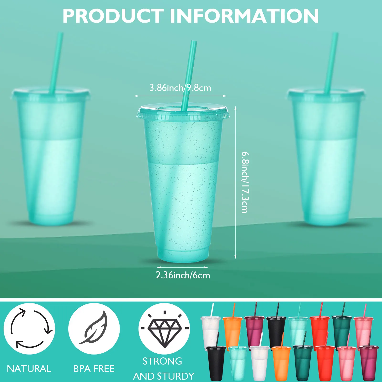 

16 Pieces Reusable Cups with Lids and Straws 24 oz Glitter Iced Coffee Tumbler Plastic Travel Mug Cup for Smoothie Juices Partie