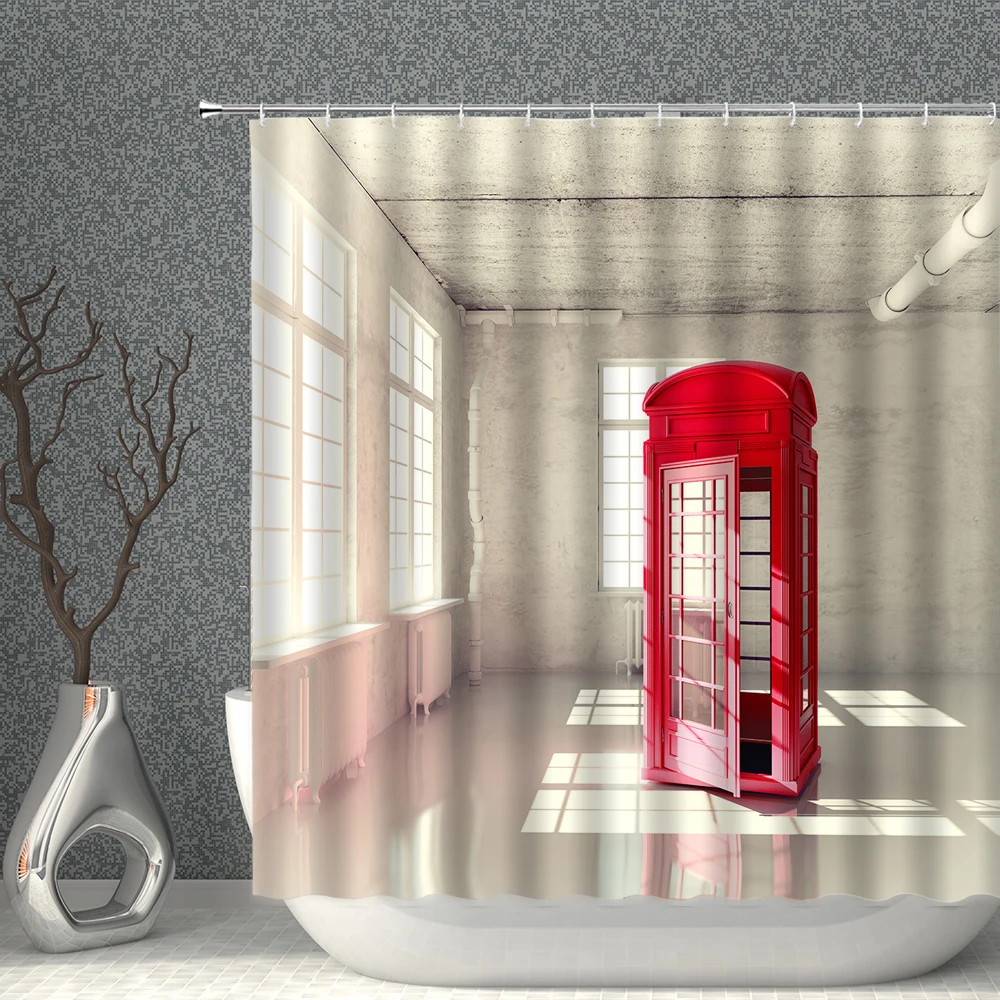 

Telephone Booth Retro Bathroom Shower Curtain Waterproof Polyester Fabric London Big Ben Red Home Decoration Art Bath Curtains