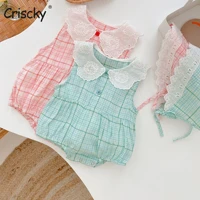 criscky 2022 summer newborn infant baby girls romper cotton plaid sleeveless playsuit jumpsuit fashion baby clothing