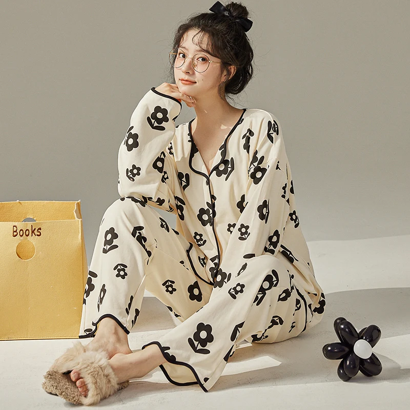 Spring Fall Fashion Faux Cotton Long Pajama Women Stylish Flower Sleepwear Sets Girl