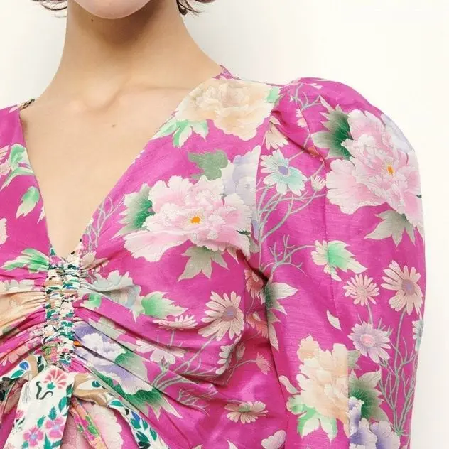 

Женская блузка с принтом, на шнуровке, с V-образным вырезом, плиссированная короткая рубашка с пышными рукавами, свободного кроя, винтажная