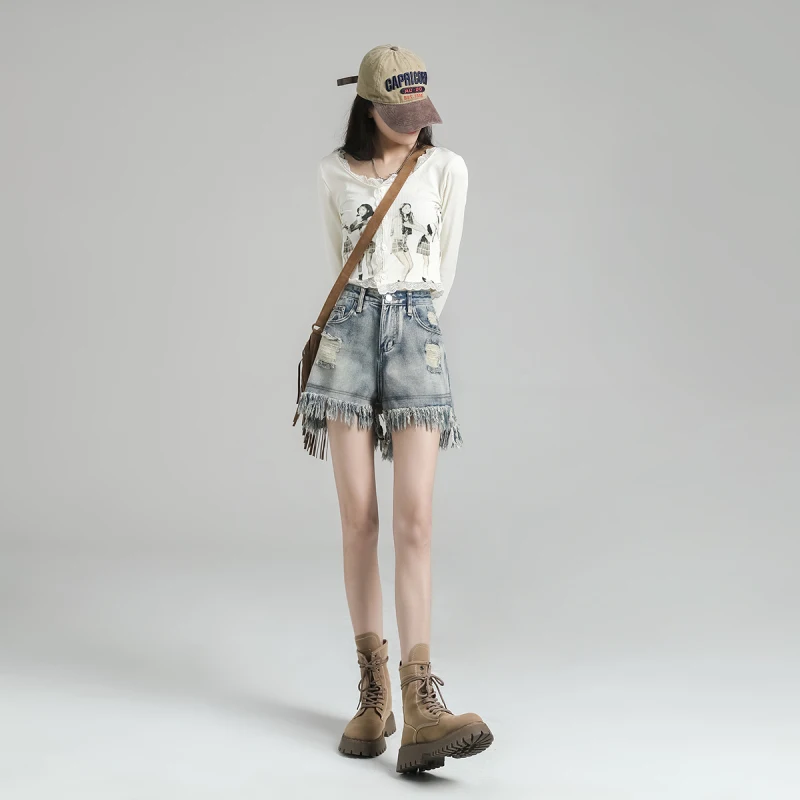 Fashion Hole Denim Shorts Women Summer High Waist a Word Type 2023 Loose Show Thin Fringe Hair Edge Wide Leg Pants Ins Tide