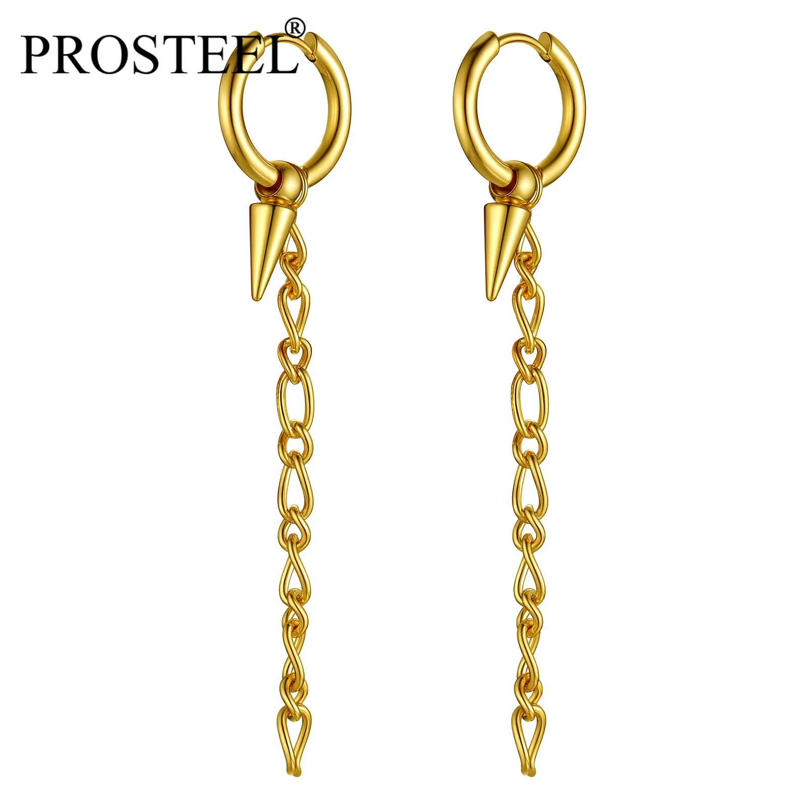 

PROSTEEL Spike Long Chain Hoop Dangle Earrings for Men Women Polish Finish Lightweight Silver/Black/18K Gold Plated Colors