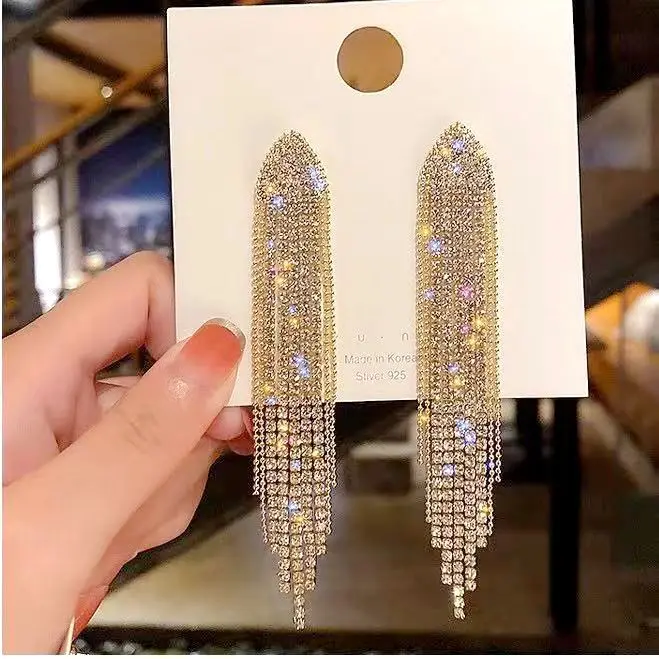 925 Silver Needle Elegant Earrings European and American Fashion Exaggerated Rhinestone Long Tassel Jewelry