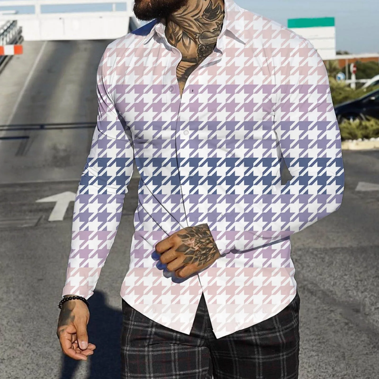 

Shirts Bulk Men Autumn Winter Single Breasted Casual Lapel Full Print Beach Long Sleeve Vacation Outdoor Tan Shirts Men Casual