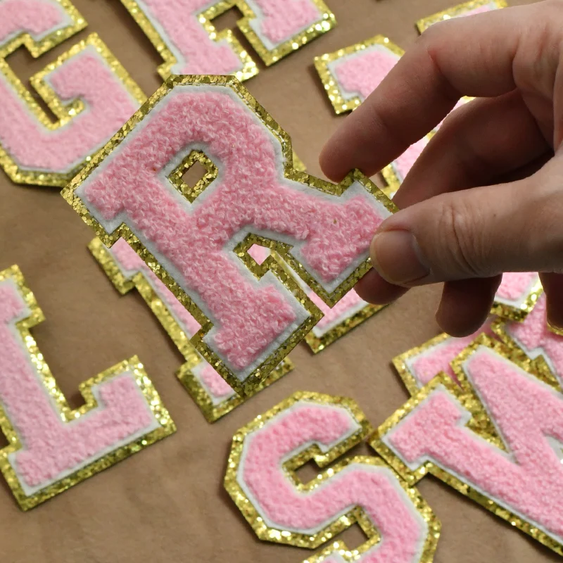 

Pink Letters Alphabet Sequins Towel Embroidered Chenille Patches For DIY Clothing Bag Jacket Iron On Sewing Accessories Applique