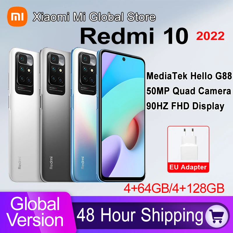 2022 Global Version Xiaomi Redmi 10 Phone 64GB/128GB MediaTek Helio G88 Octa Core 50MP Camera 90Hz FHD Display 5000mAh Battery