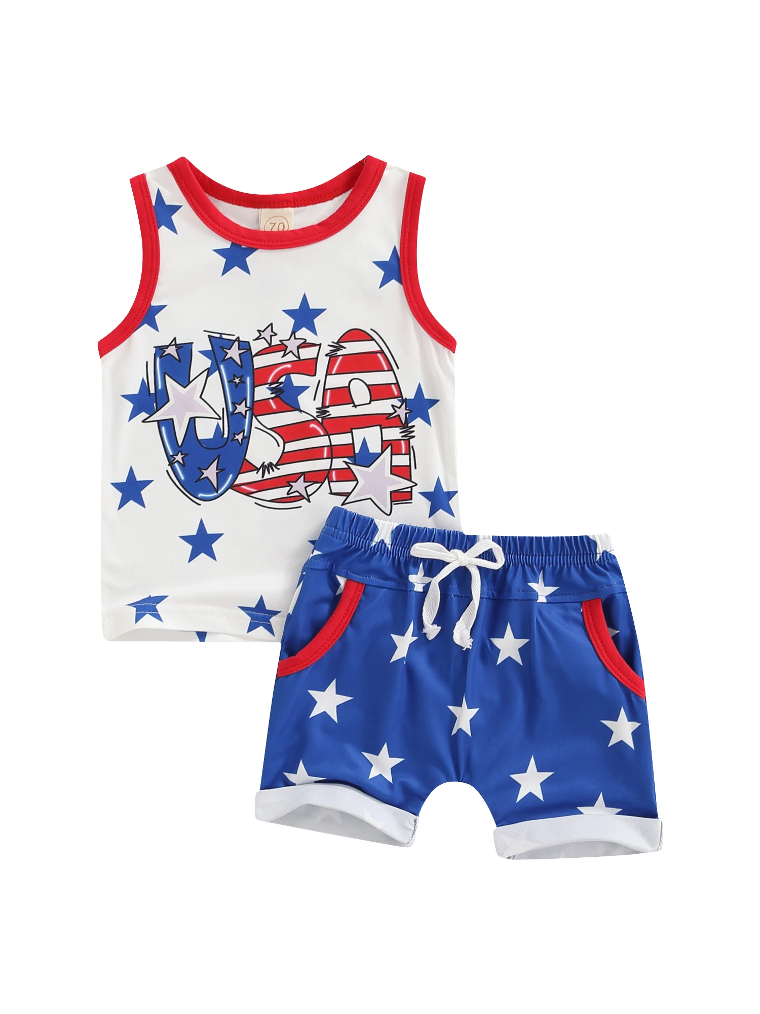 

Набор из двух предметов для младенцев День Независимости тема звезда Полосатый Узор Жилет Топы эластичный пояс шорты на шнуровке