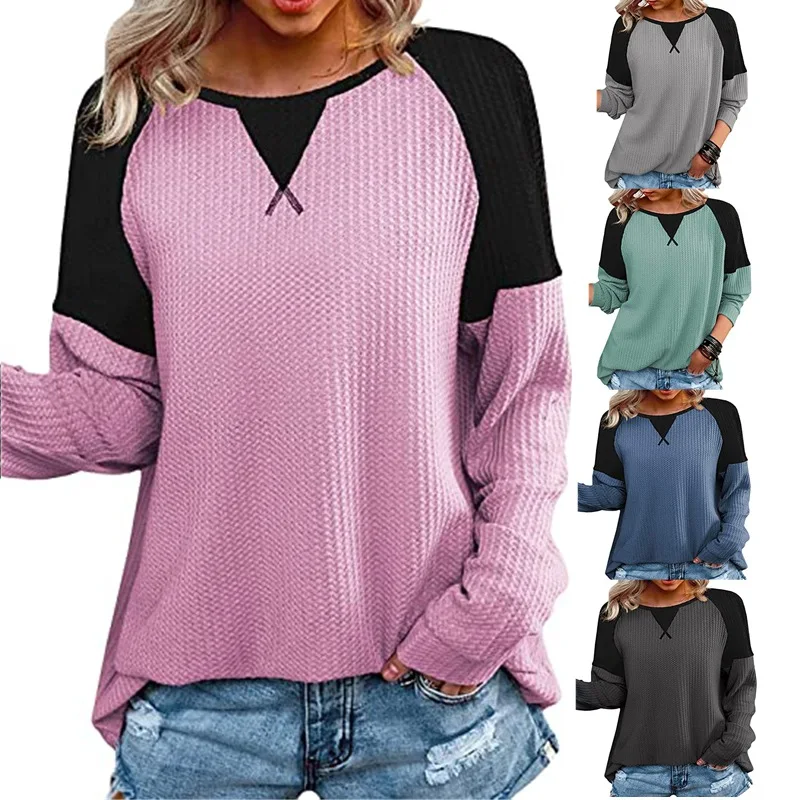 

2022 Women T-shirt Neckline Cross Stitch T-shirt Round Neck T-shirt Raglan Sleeve Long Sleeve Casual Loose T-shirt