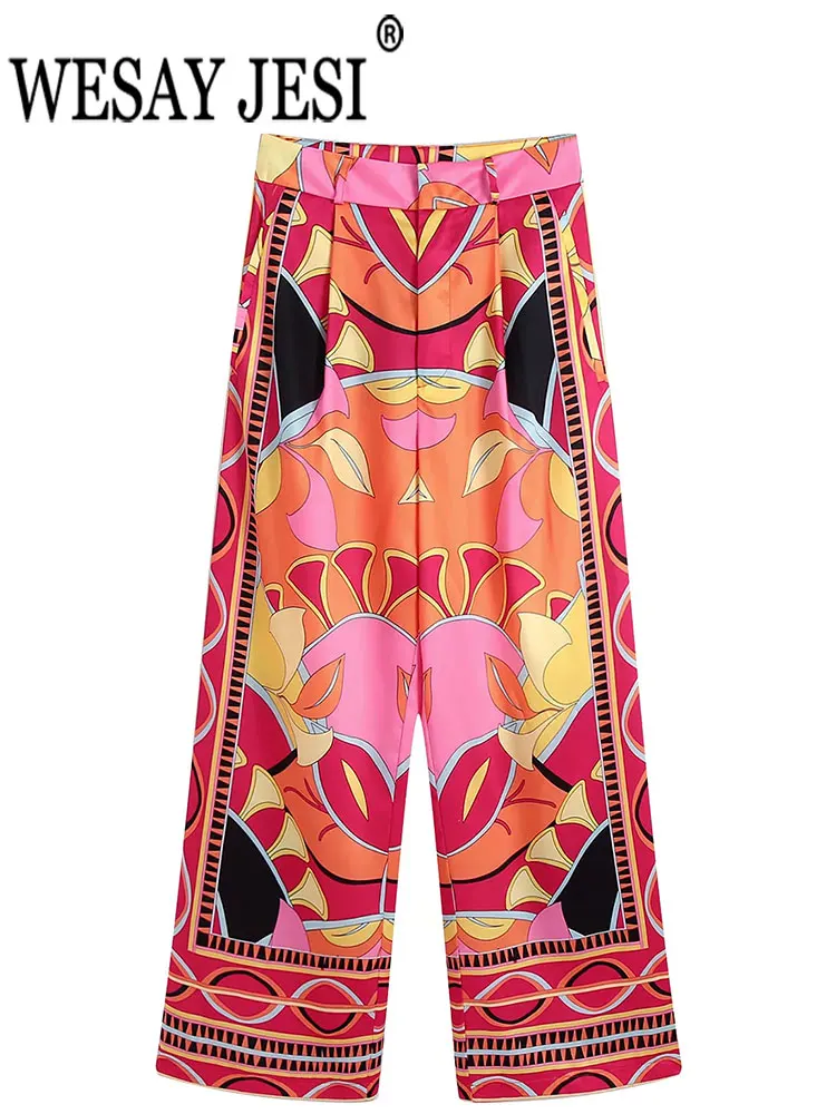 

WESAY JESI Women Trousers Print Retro High Waist Zipper Straight Wide Leg Pants Casual Pocket Street Daily Spring Autumn Clothes