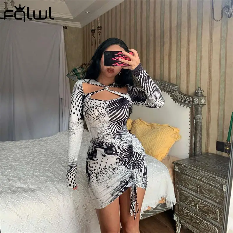 

FQLWL осенне-зимние черные сексуальные мини-платья с принтом в горошек, женские вечерние облегающие платья с длинным рукавом, Короткое женско...