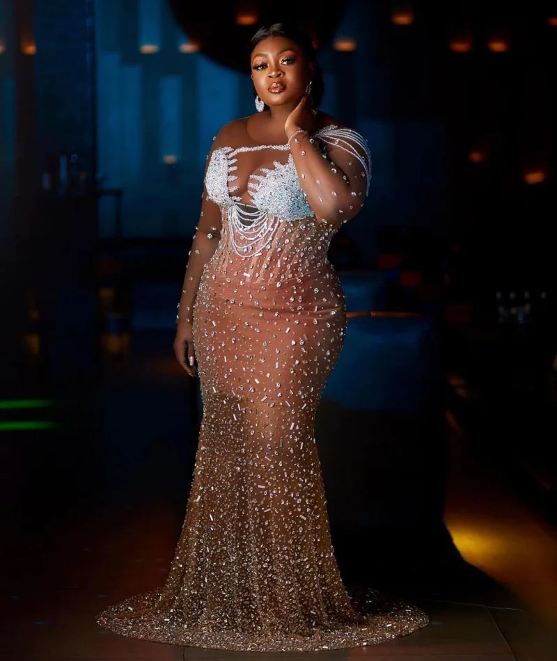 

Luxury Ankara Champagne Evening Dresses Long Sleeves Beading Nigerian Women Plus Size Party Dress 2023 Mermaid Prom Gowns