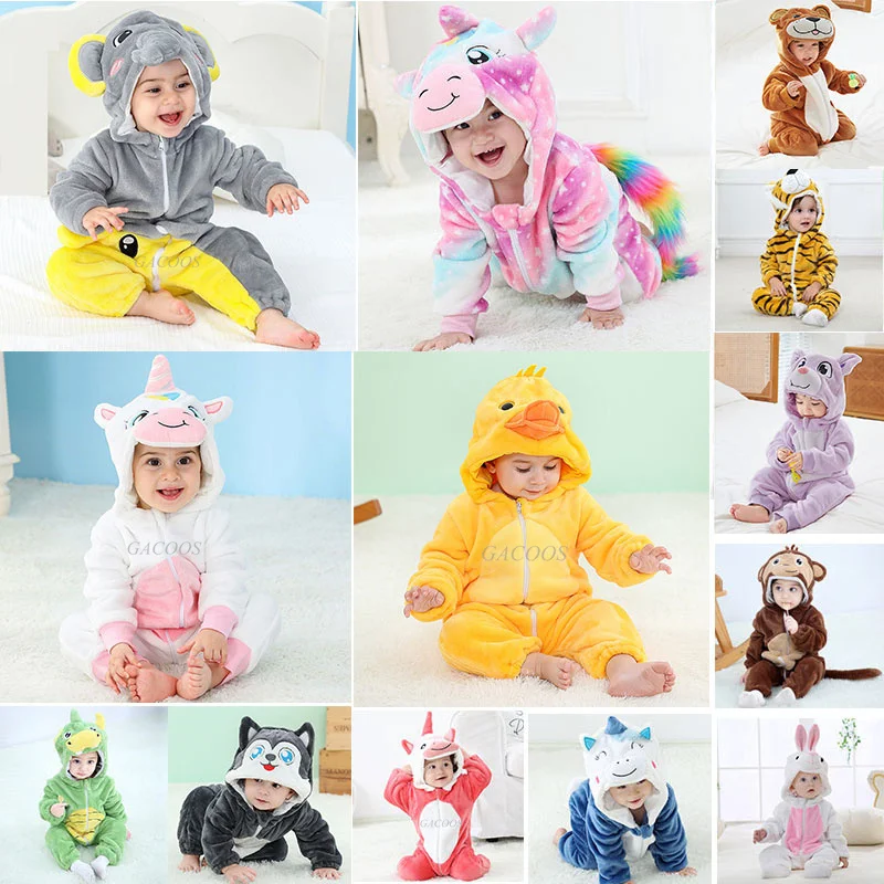 

Baby Rompers Winter Costume Flannel Hooded Jumpsuits Baby Clothes 70-120cm Kids Jumper Overall Tiger Lion Rabbit Duck Roupa Bebe
