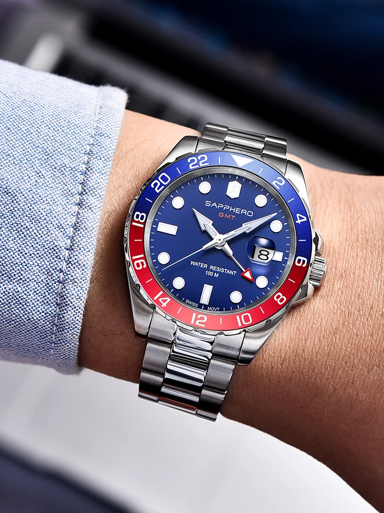 SAPPHERO Часы для мужчин Роскошные кварцевые часы GMT 10 бар Водонепроницаемые