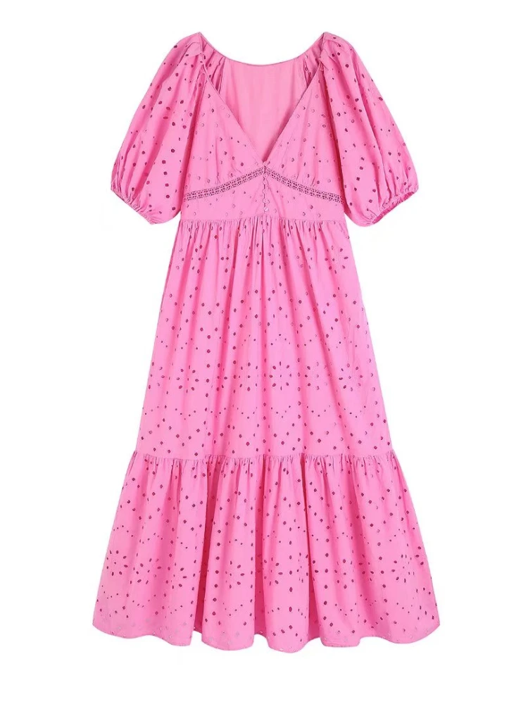 

BBWM Vintage Hollow Out Puff Sleeve Women Dresses 2022 New Spring Fashion Elegant Female V Neck Long Embroidery Dress Loose Chic
