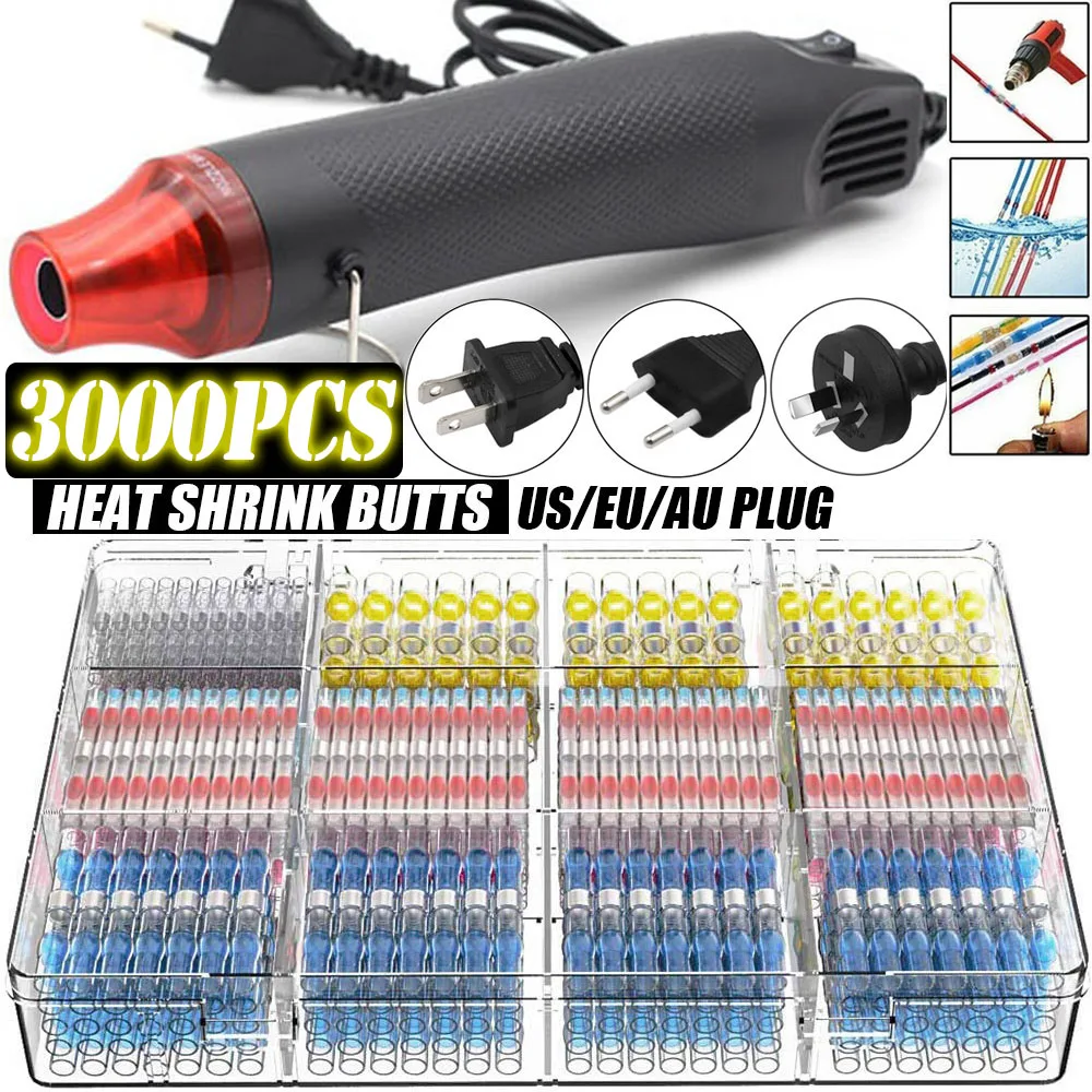 100/800PCS Waterproof Heat Shrink Butt Crimp Terminals Solder Seal Electrical Wire Cable Splice Terminal Kit with Hot Air Gun