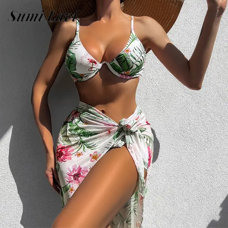 

Ladies Underwire Push Up Sexy Swimsuit Fashion Ladies Printed Bikini Three-Piece Set Summer Backless Lace-up Skirt Beachwear Set