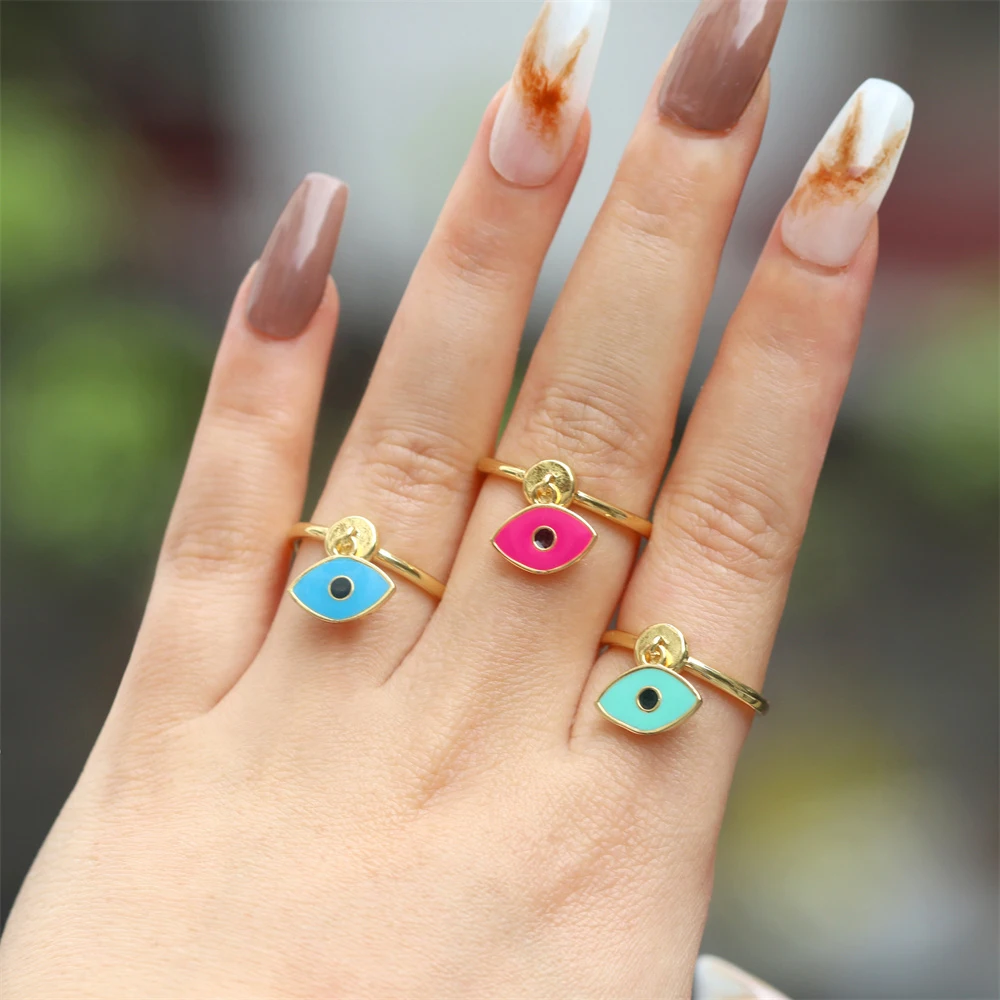 

Evil Eye Pendent Rings For Women High-quailty Copper Gold Plated Ring Colored Enamel Open Adjustable Handmade Jewelry 2023 New