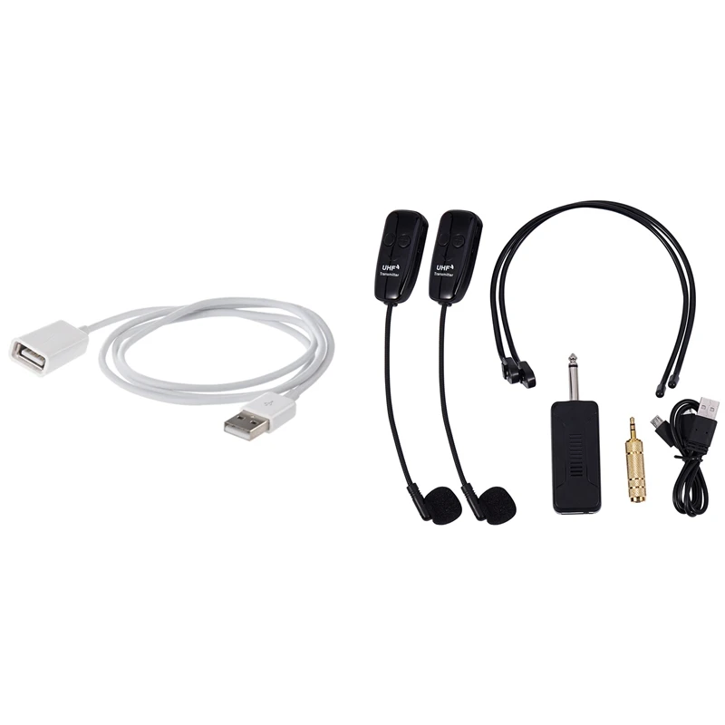 HTHL-1 Pcs USB A Male To A Female M/F Extension Cable & 1 Pcs Uhf One For Two Wireless Headset Microphone Amplifier Mixer
