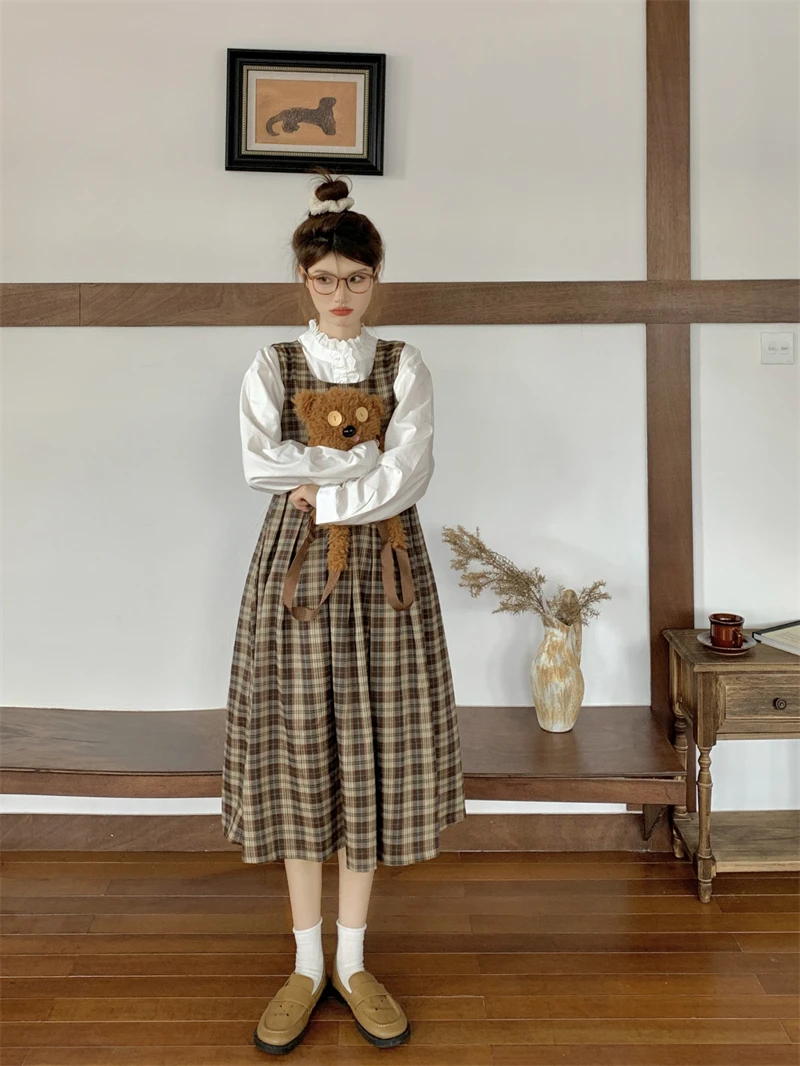 

GBG4706 Early Autumn 2023 New Korean Sweet Long sleeved Shirt Women+Retro Plaid Tank Top Dress Two Piece Set