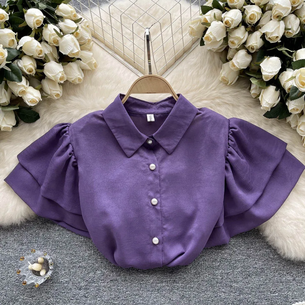 

High Quality Turn Down Collar Solid Color Shirt Loose Summer New Single Breasted Casual Straight Blouse For Women's Wear
