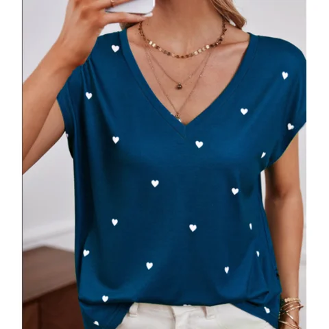 Women's Tshirt V-neck 3d Solid Color Retro Love Print T-shirts Oversized Summer Short-sleeved Tops Set Head Women's Y2k Clothing