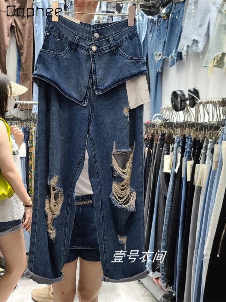 

Streetwear Baggy Thin Denim Pants Women 2022 Summer New Loose Boyfriend Slimming Big Pocket Hole Nine Points Jeans for Women